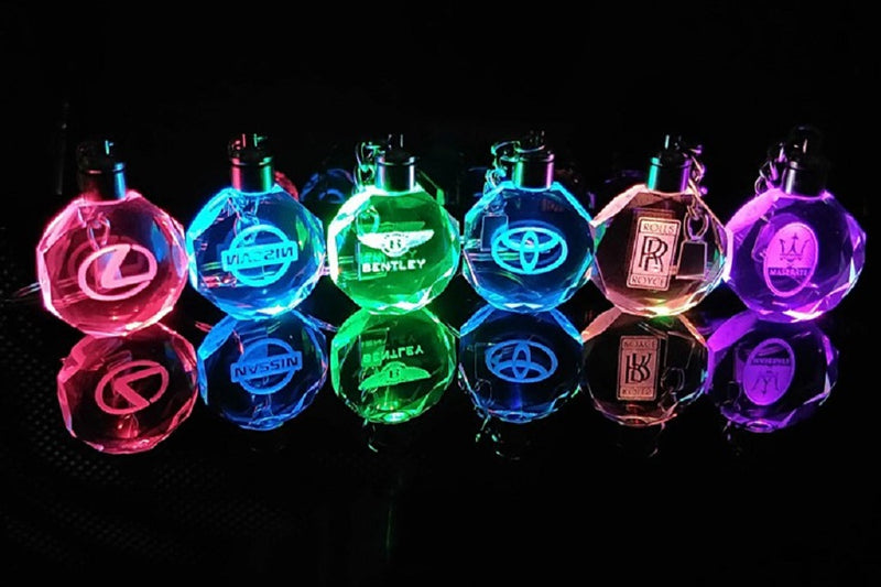 Flashing Keychain with Car Logo, Laser Engraved Crystal Body w/Colorful LED Light  (Variant Selections)