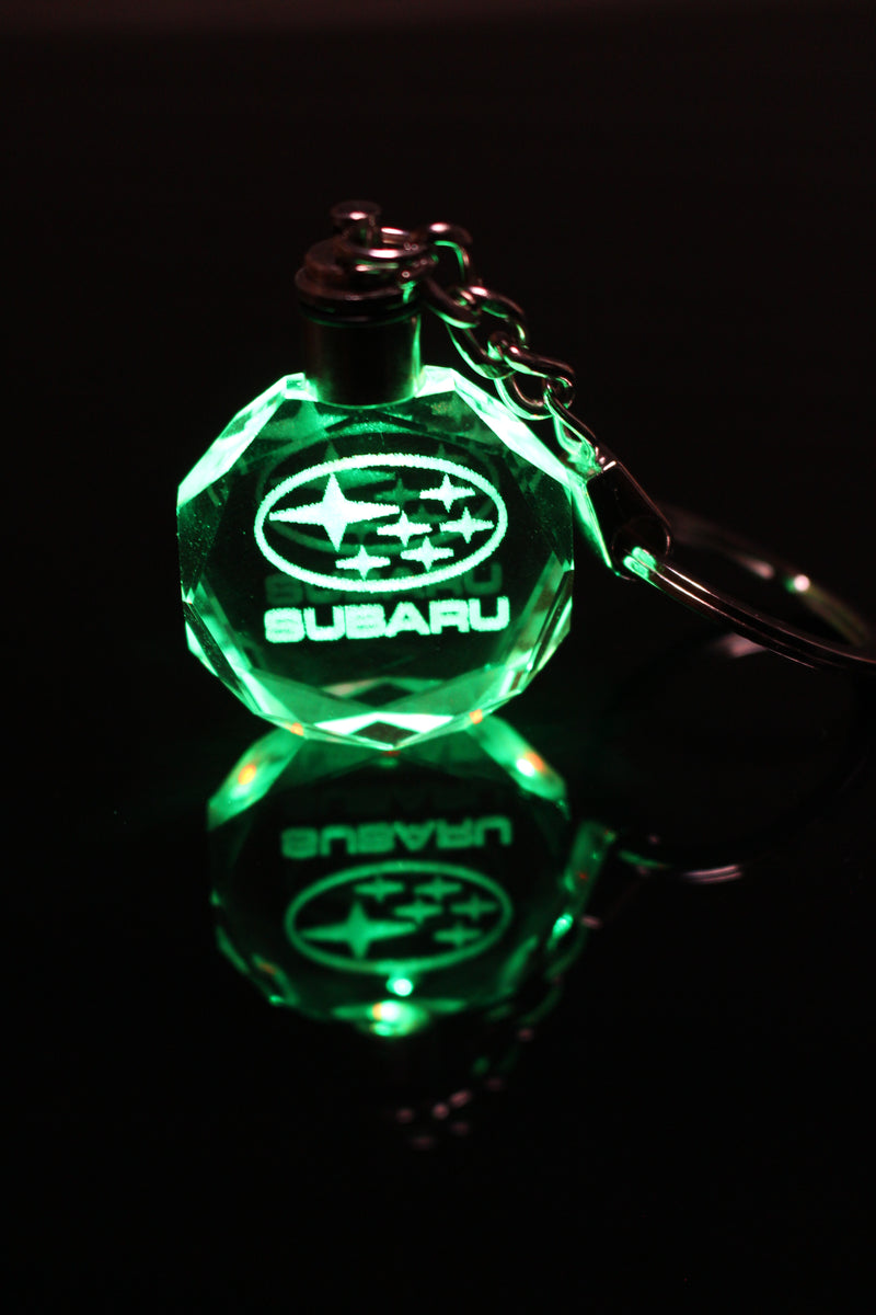 Flashing Keychain with Car Logo, Laser Engraved Crystal Body w/Colorful LED Light  (Variant Selections)