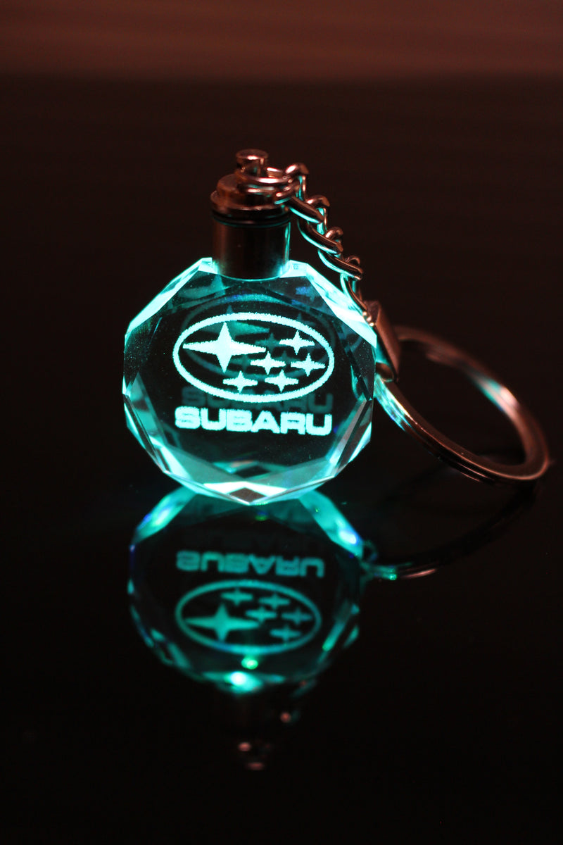 Flashing Keychain with Car Logo, Laser Engraved Crystal Body w/Colorful LED Light  (Variant Selections)