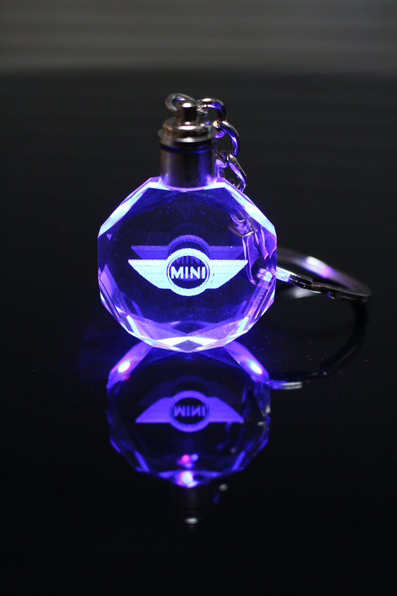 Flashing Keychain with Car Logo, Laser Engraved Crystal Body w/Colorful LED Light  (Variant Selections)